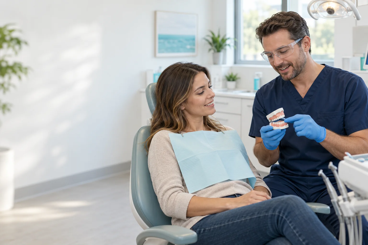 AI-created illustrative dental appointment with fictional people and facility; not our doctors, patients or office